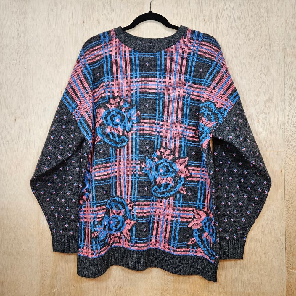 Gray/Blue/Pink Floral & Plaid Vintage Cabin Creek Crew Neck Sweater Size XXL